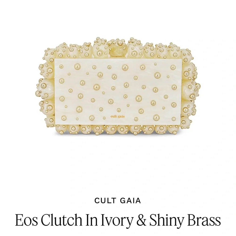 cult gaia Ivory & Shiny Brass Pearl-Embellished Eos Clutch